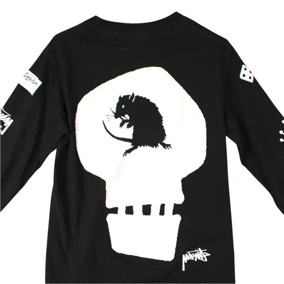 Vintage 90s Stussy Black Long Sleeve Graphic T Shirt Mens Size S Skull Logo